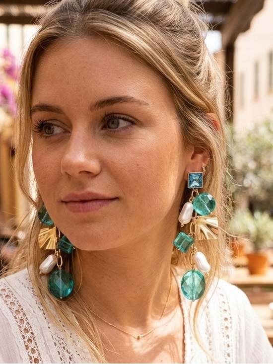 Jewelry - Gold Chain Drop Earrings with Turquoise Blue Beads and Pearlescent Accents